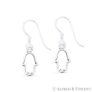 Hamsa Hand Evil Eye Luck Charm Dangling Earrings in .925 Sterling Silver